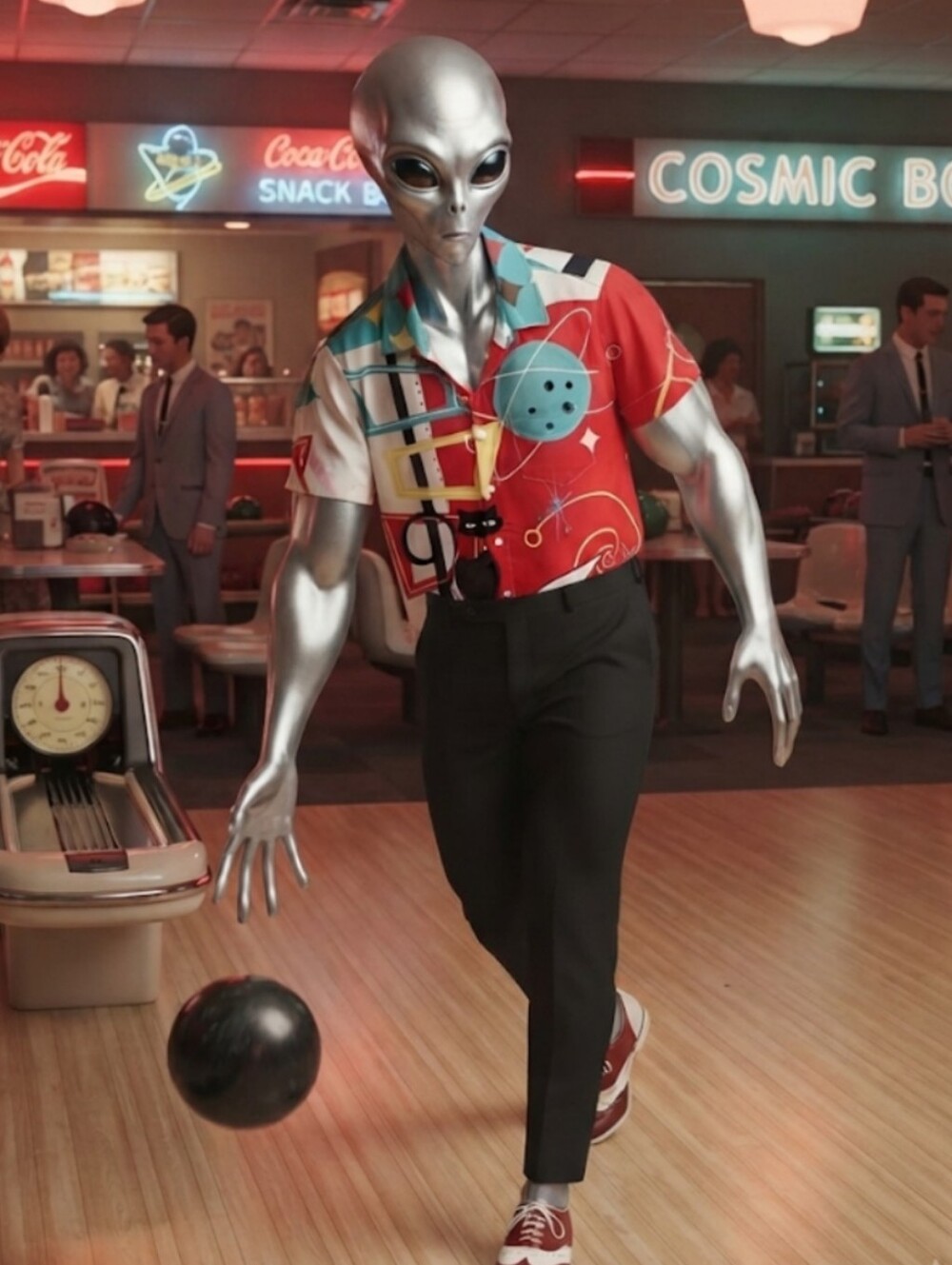 Black Cat In Space Bowling Shirt – Retro. Men's M